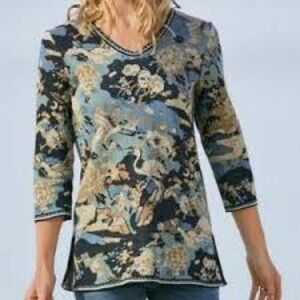 Peruvian Connection Pima Cotton Tunic Dress Birds Graphic Size M V-Neck